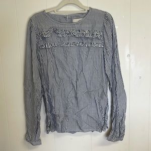 Womens XS Ann Taylor LOFT top  blue white striped ruffle long sleeve keyhole